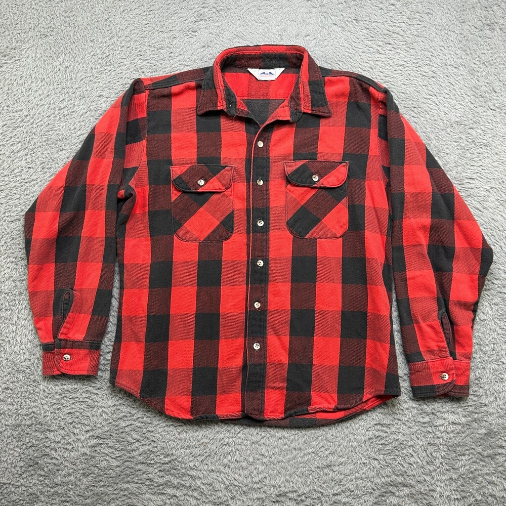 Vintage Five Brothers Flannel Mens L Red Black Plaid Heavy Cotton Dakota USA
